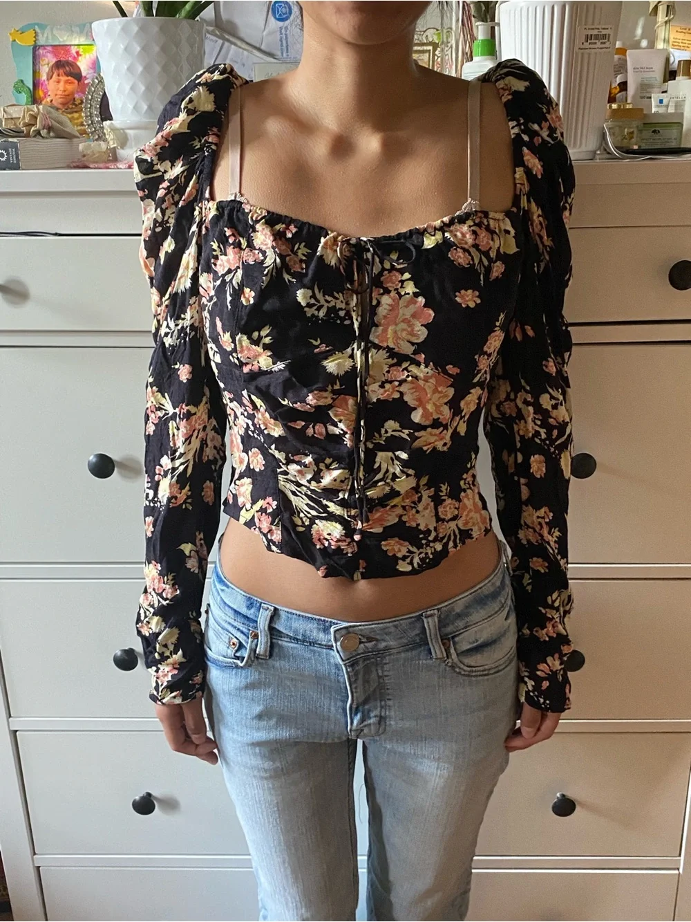 Free People Black Floral Puff-Sleeve Corset Top